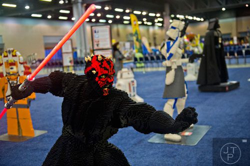 A lifesize replica of Darth Maul made completely of LEGOs sits on display during the LEGO KidsFest at the Cobb Galleria Centre in Atlanta on Saturday, June 28, 2014. 