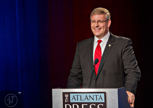 11th Congressional district candidate Barry Loudermilk answers questions from panelists during the Atlanta Press Club's Loudermilk-Young Debate Series at the Georgia Public Broadcasting studios in Atlanta on Sunday, July, 13, 2014.   