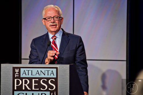 11th Congressional district candidate Bob Barr answers questions from panelists during the Atlanta Press Club's Loudermilk-Young Debate Series at the Georgia Public Broadcasting studios in Atlanta on Sunday, July, 13, 2014. 
