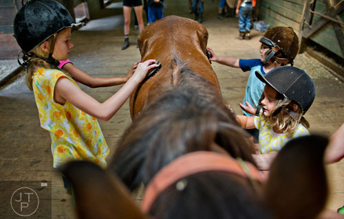 Savannah Hamley (left), Julian Sloat and Avery Afeman brush down Cookie during horseback riding summer camp at the Ellenwood Equestrian Center in Ellenwood on Wednesday, July 9, 2014.   