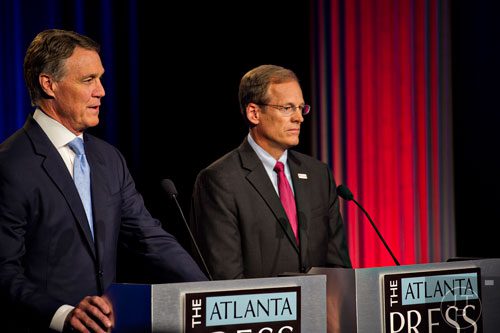 U.S. Senate Republican candidates David Perdue (left) and Jack Kingston answer questions from panelists during the Atlanta Press Club's Loudermilk-Young Debate Series at the Georgia Public Broadcasting studios in Atlanta on Sunday, July, 13, 2014.   