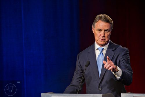 U.S. Senate Republican candidate David Perdue answers questions from panelists during the Atlanta Press Club's Loudermilk-Young Debate Series at the Georgia Public Broadcasting studios in Atlanta on Sunday, July, 13, 2014.   