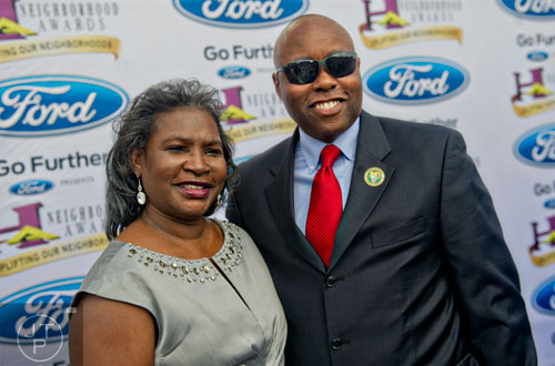 Representatives from Arabia Mountain High School pose for photos on the blue carpet before the 2014 Ford Neighborhood Awards at Philips Arena in Atlanta on Saturday, August 9, 2014. 