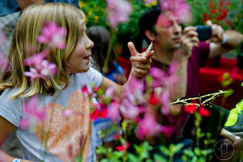 Vivi Early (left) holds a butterfly on her finger during the Butterfly Festival at the Dunwoody Nature Center on Saturday, August 16, 2014. 