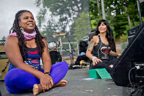 Instructors Octavia Raheem and Neda Honarvar lead the yoga portion of Wanderlust 108 at Piedmont Park in Atlanta on Sunday, September 28, 2014. 