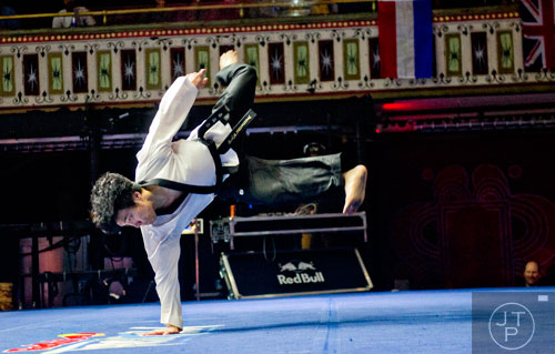 Mincheol Shin comes out of a handstand as he competes in the Red Bull Throwdown Atlanta at the Tabernacle in Atlanta on Sunday, September 28, 2014. 