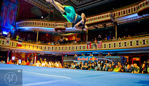 Jack Payne flies through the air as he competes in the Red Bull Throwdown Atlanta at the Tabernacle in Atlanta on Sunday, September 28, 2014. 