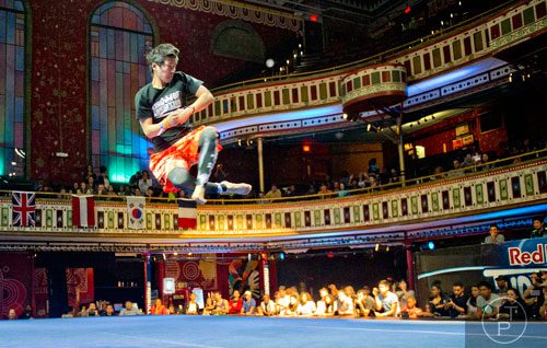 Ingun Yoo flies through the air as he competes in the Red Bull Throwdown Atlanta at the Tabernacle in Atlanta on Sunday, September 28, 2014. 