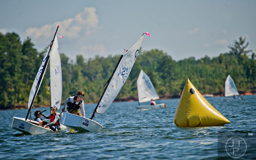 Jojo Bolduc (right) and Trenton Shaw make the first turn during the 2014 USODA Southeast Championship at Lake Allatoona in Acworth on Sunday, September 21, 2014. 