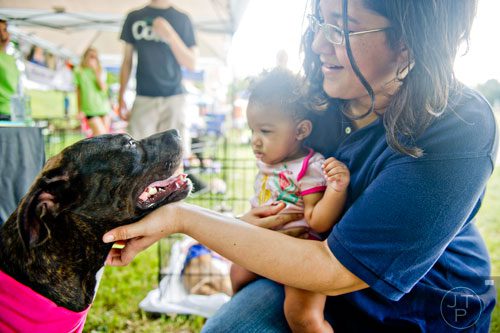 Olivia Hardy (right) pets Amber, a lab-bulldog-pitbull mix, as she intrduces her daughter Cassandra to the dog during the Dog Days of Summer event outside of Park Tavern at Piedmont Park in Atlanta on Saturday, August 30, 2014. 