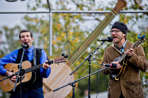 Steve Gorbatkin (left) and Denis Gainty with the band Porch Bottom Boys perform on stage during the 12th annual Cabbagetown Chomp & Stomp in Atlanta on Saturday, November 1, 2014. 