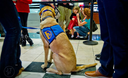 Sarah Henderson (right) primps her daughter Ava Greene as she looks at Barboza, a golden lab mix, as they wait to visit with Santa at Town Center at Cobb in Kennesaw on Sunday, November 30, 2014.