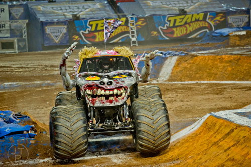 Zombie tears through the course during Monster Jam at the Georgia Dome in Atlanta on Saturday, January 10, 2015. 