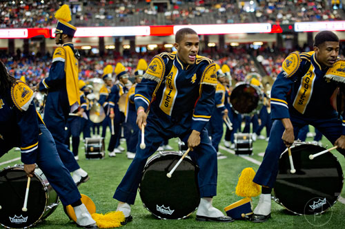 North Carolina A&T University's Kiante Powell (center) performs during the Honda Battle of the Bands at the Georgia Done in Atlanta on Saturday, January 24, 2015. 