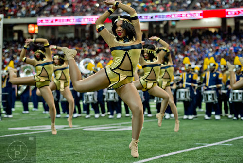 North Carolina A&T University's Alexxus Carr (center) performs during the Honda Battle of the Bands at the Georgia Done in Atlanta on Saturday, January 24, 2015. 