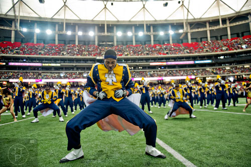 North Carolina A&T University drum major Marckus Patterson performs during the Honda Battle of the Bands at the Georgia Done in Atlanta on Saturday, January 24, 2015. 