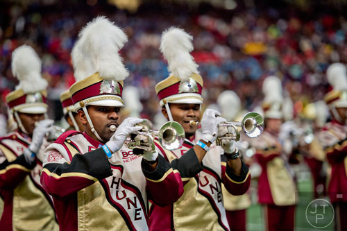 Bethune Cookman University's Markel Blackshire (left) and Mashad Frazier perform during the Honda Battle of the Bands at the Georgia Done in Atlanta on Saturday, January 24, 2015. 