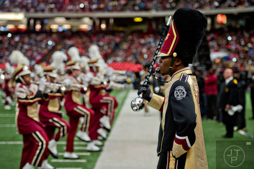 Bethune Cookman University drum major Kevin Francois (right) performs during the Honda Battle of the Bands at the Georgia Done in Atlanta on Saturday, January 24, 2015. 