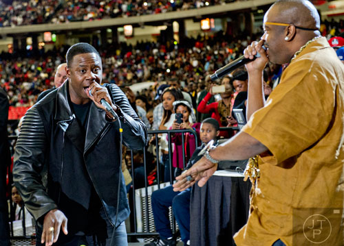 Recording artists  Doug E. Fresh (left) and Slick Rick perform during the Honda Battle of the Bands at the Georgia Done in Atlanta on Saturday, January 24, 2015. 