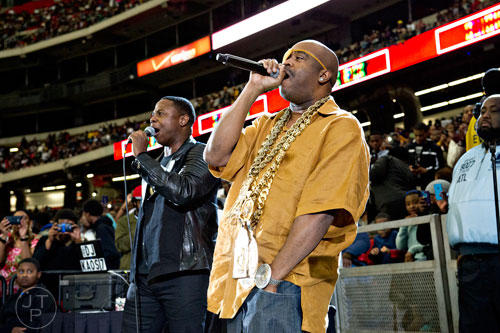 Recording artists Slick Rick (right) and Doug E. Fresh perform during the Honda Battle of the Bands at the Georgia Done in Atlanta on Saturday, January 24, 2015. 
