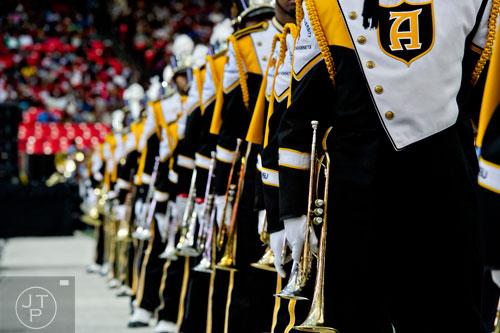 Members of the Alabama State University marching band line up to take the field during the Honda Battle of the Bands at the Georgia Done in Atlanta on Saturday, January 24, 2015. 