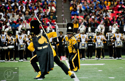 Alabama State University drum majors Bruce McDonald (right) and Kelvin Parker perform during the Honda Battle of the Bands at the Georgia Done in Atlanta on Saturday, January 24, 2015.