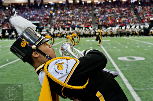 Alabama State University's Julian Williams performs during the Honda Battle of the Bands at the Georgia Done in Atlanta on Saturday, January 24, 2015. 
