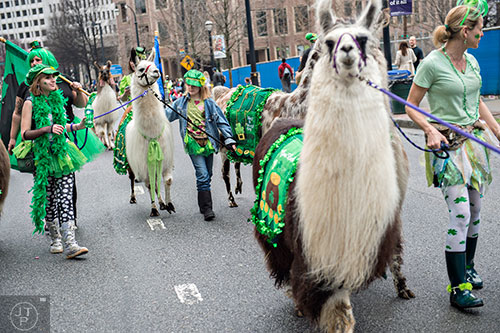 Hannah Ellers (left) and her sister Sadie lead their llama Diego down Peachtree St. during the 2015 Atlanta St. Patrick's Parade on Saturday, March 14, 2015. 