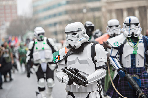 Decked out in Irish regalia, members of the 501st Legion march down Peachtree St. during the 2015 Atlanta St. Patrick's Parade on Saturday, March 14, 2015. 
