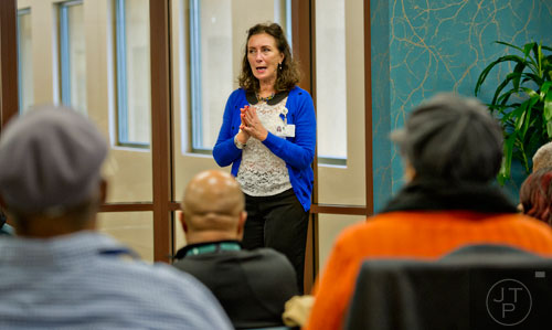 Elaine Smith (center) leads a mind and body seminar with patients and their care givers at the Cancer Treatment Centers of America's Southeastern Regional Medical Center in Newnan on Friday, February 20, 2015. 