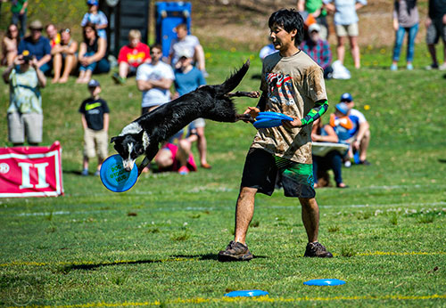 Kouske Hirai and his border collie Jake compete in The Disc Dog Southern Nationals during the 79th annual Atlanta Dogwood Festival at Piedmont Park on Saturday, April 11, 2015.