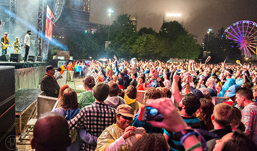 Thievery Corporation performs on stage during the SweetWater 420 Fest at Centennial Olympic Park in Atlanta on Friday, April 17, 2015. 
