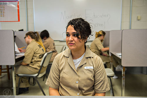 Krystal Almaraz talks about working on getting her high school diploma through the charter school program at the Lee Arrendale Correctional Facility in Alto on Friday, April 10, 2015. 