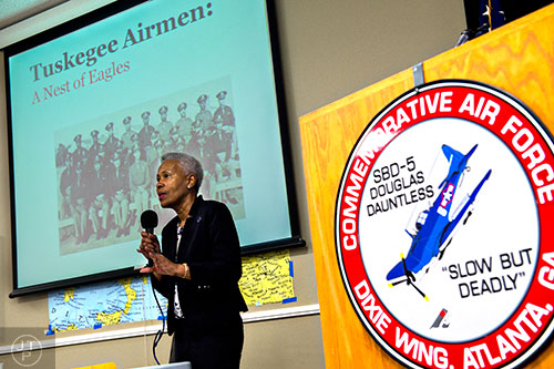 Author Zellie Orr talks about the Tuskegee Airmen during WWII Heritage Days at Atlanta Regional Airport Falcon Field in Peachtree City on Sunday, April 19, 2015.