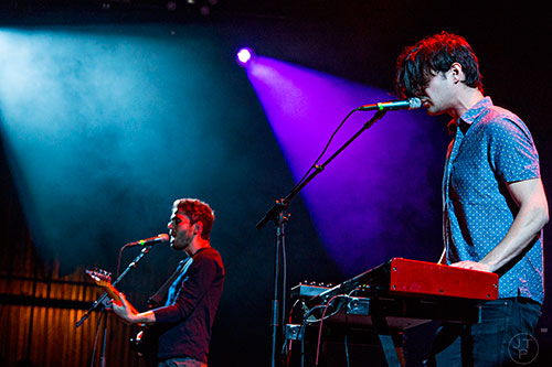 The Antlers' Darby Cicci (right) and Peter Silberman perform on stage at the Fox Theatre in Atlanta on Monday, April 27, 2015. 