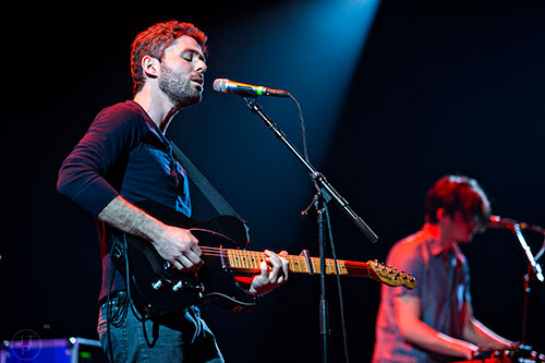 The Antlers' Peter Silberman (left) and Darby Cicci perform on stage at the Fox Theatre in Atlanta on Monday, April 27, 2015. 