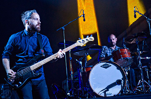 Death Cab for Cutie's Nick Harmer (left) and Jason McGerr perform on stage at the Fox Theatre in Atlanta on Monday, April 27, 2015. 