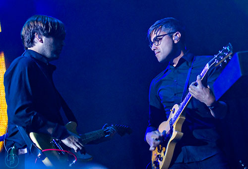Death Cab for Cutie's Ben Gibbard (left) and Dave Depper perform on stage at the Fox Theatre in Atlanta on Monday, April 27, 2015. 