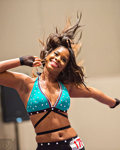 Cynthia Fluellen dances during tryouts for the Atlanta Falcons Cheerleaders at the Georgia International Convention Center in Atlanta on Sunday, May 3, 2015.
