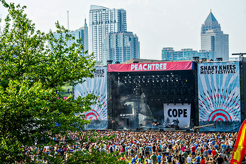 Thousands of people crowd the Peachtree Stage as Manchester Orchestra performs during the first day of the Shaky Knees Music Festival at Central Park in Atlanta on Friday, May 8, 2015. 
