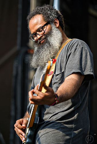 TV on the Radio's Kyp Malone performs on stage during the first day of the Shaky Knees Music Festival at Central Park in Atlanta on Friday, May 8, 2015. 