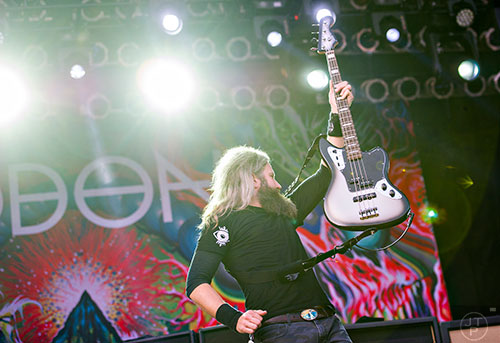 Mastodon's Troy Sanders performs on stage during the first day of the Shaky Knees Music Festival at Central Park in Atlanta on Friday, May 8, 2015. 