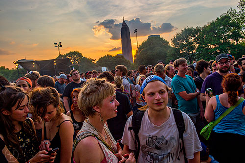 Jill Lepping (left) talks to Andrew Allen during the first day of the Shaky Knees Music Festival at Central Park in Atlanta on Friday, May 8, 2015. 