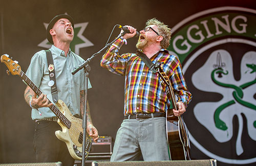 Flogging Molly's Dave King (right) and Nathen Maxwell perform on stage during the Shaky Knees Music Festival at Central Park in Atlanta on Saturday, May 9, 2015. 