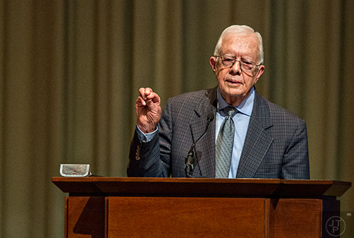 Former U.S. President Jimmy Carter speaks during the inaugural World Summit to End Sexual Exploitation at the Carter Center in Atlanta on Tuesday, May 12, 2015.    