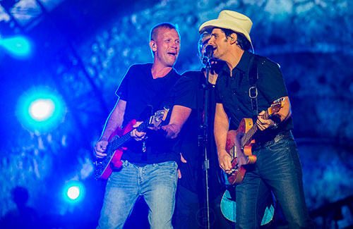 Brad Paisley (right) performs during the Shaky Boots Music Festival at Kennesaw State University on Sunday, May 17, 2015. 
