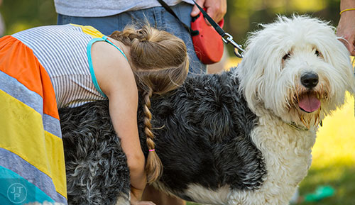 Courtney Hall (left) hugs Leah, an old english sheepdog during Bark at the Park at Brookhaven Park on Saturday, May 23, 2015. 