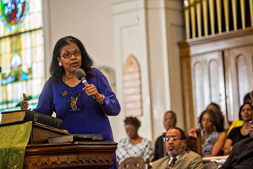 Rev. Dr. Monica Jones speaks during the Prayer, Healing and Reconciliation Service for members of the Emanuel A.M.E. Church in Charleston, South Carolina who lost their lives earlier this week at Big Bethel A.M.E. Church in Atlanta on Friday, June 19, 2015. 