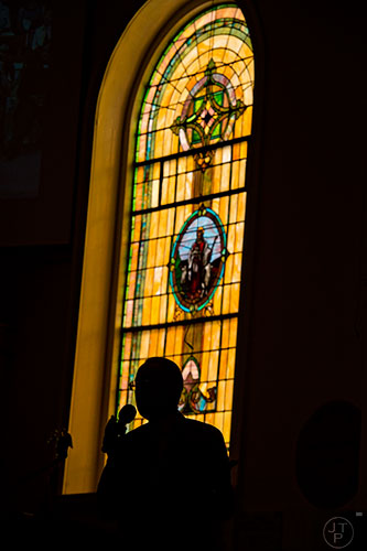 Rev. Michael Harris speaks during the Prayer, Healing and Reconciliation Service for members of the Emanuel A.M.E. Church in Charleston, South Carolina who lost their lives earlier this week at Big Bethel A.M.E. Church in Atlanta on Friday, June 19, 2015. 