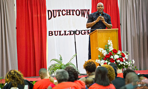 Pastor Andre Landers speaks during the memorial service for Wali Clanton Jr. at Dutchtown High School in Hampton on Thursday, June 18, 2015. 